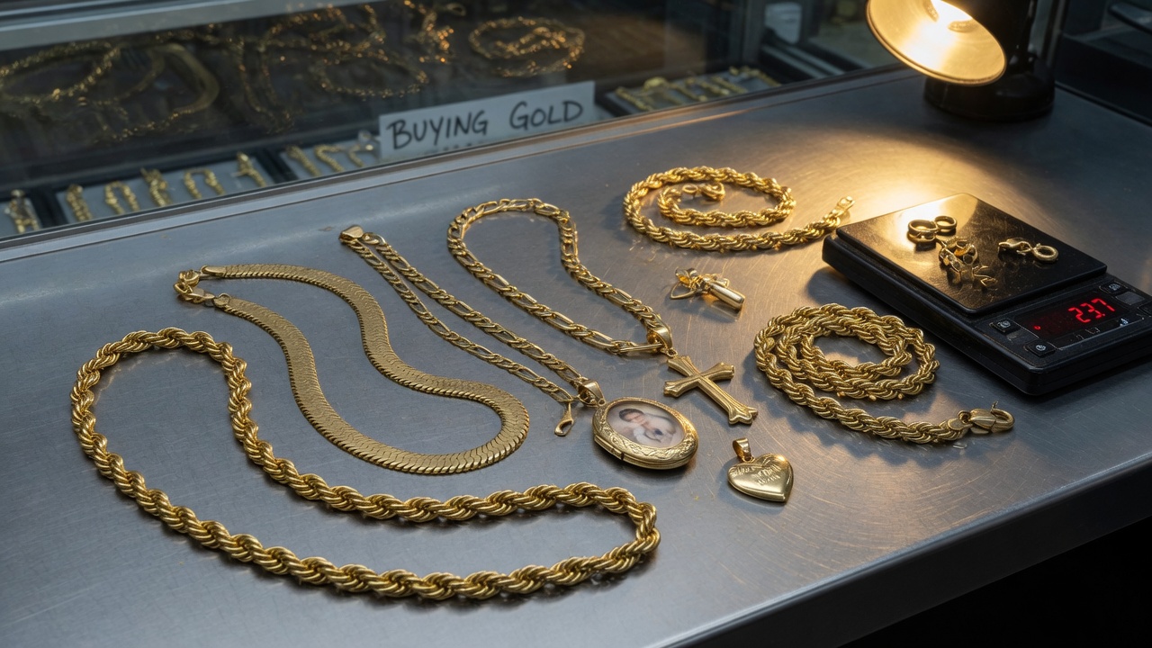 Scrap gold chains and pendants on the counter
